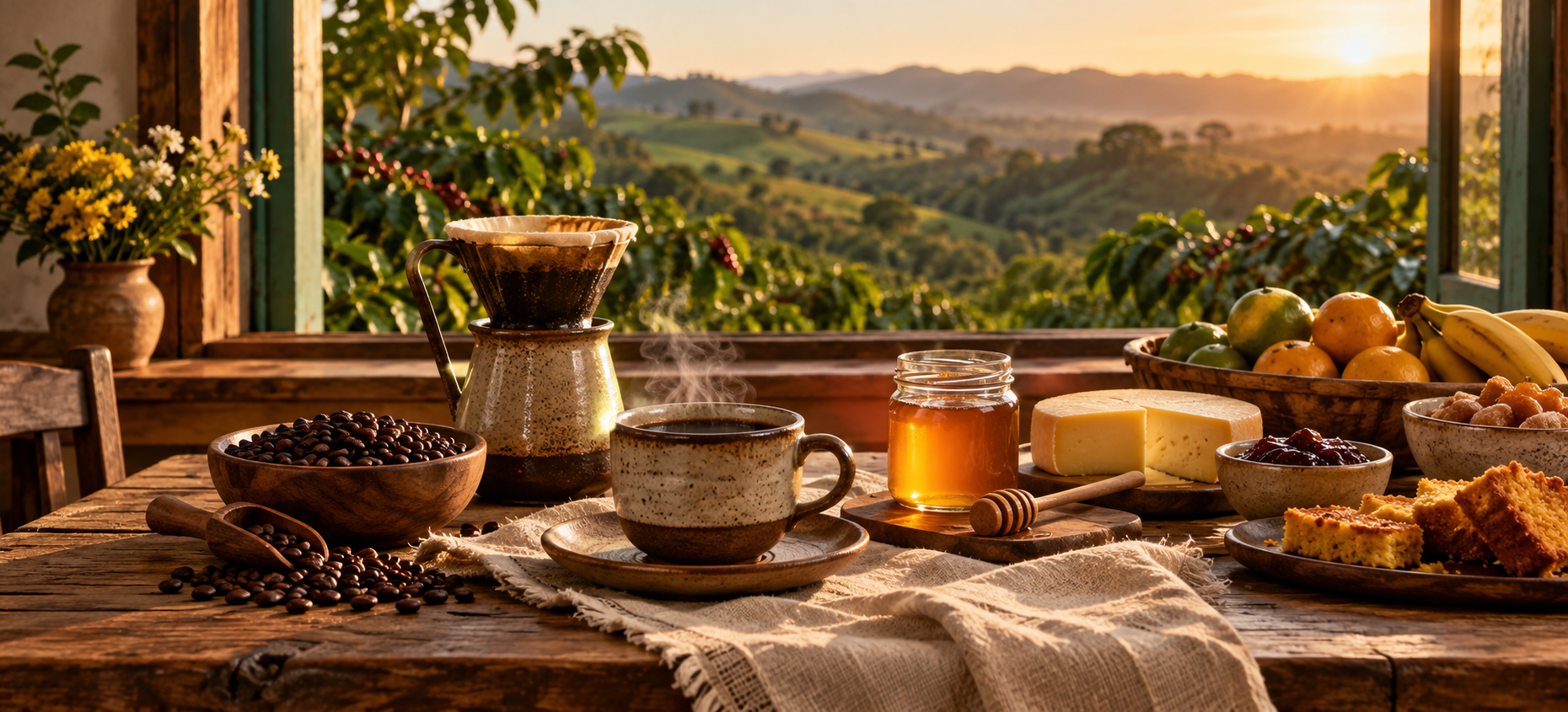 Café e mel sobre mesa de madeira no campo
