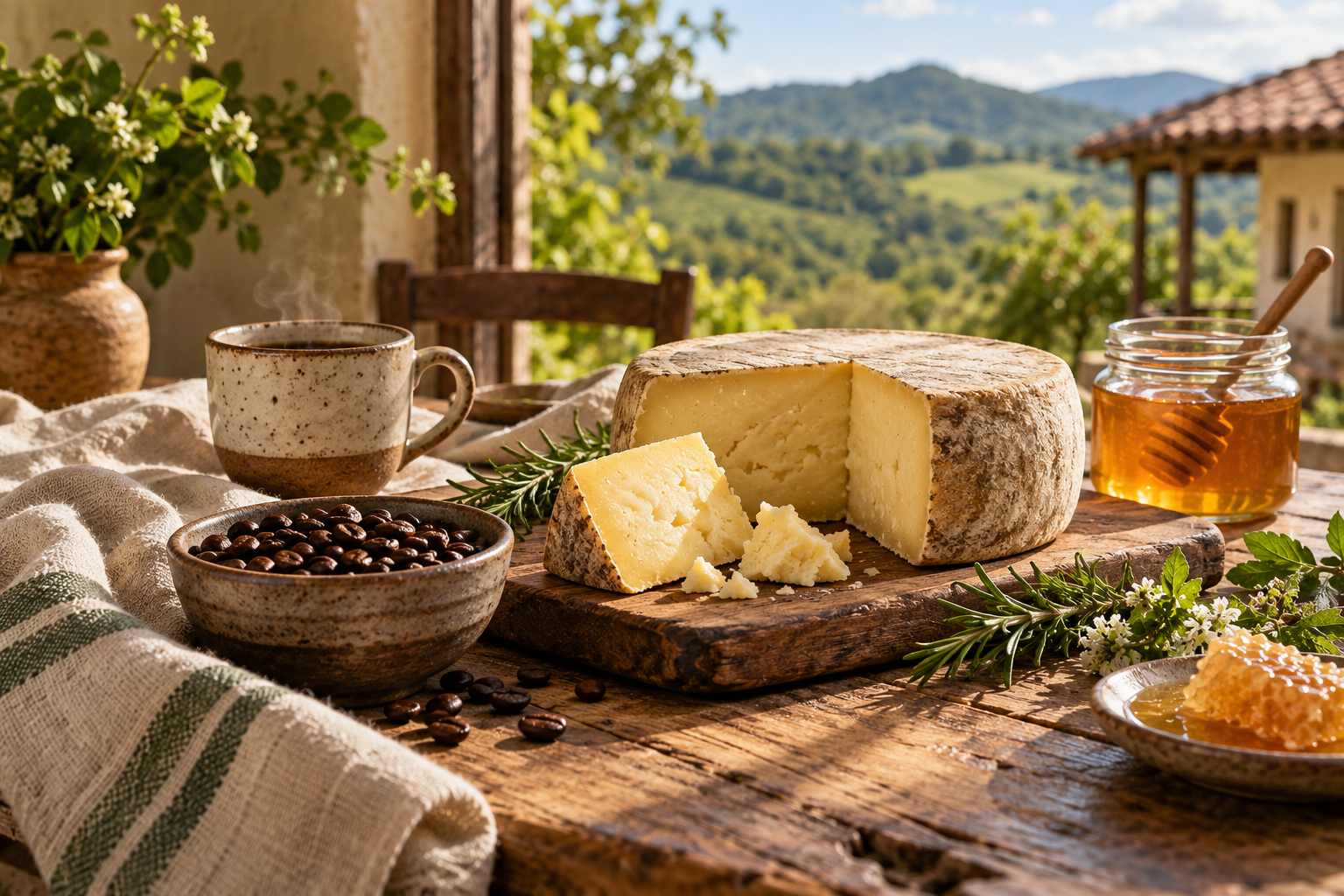 Queijo artesanal, café e mel sobre uma mesa de madeira no campo