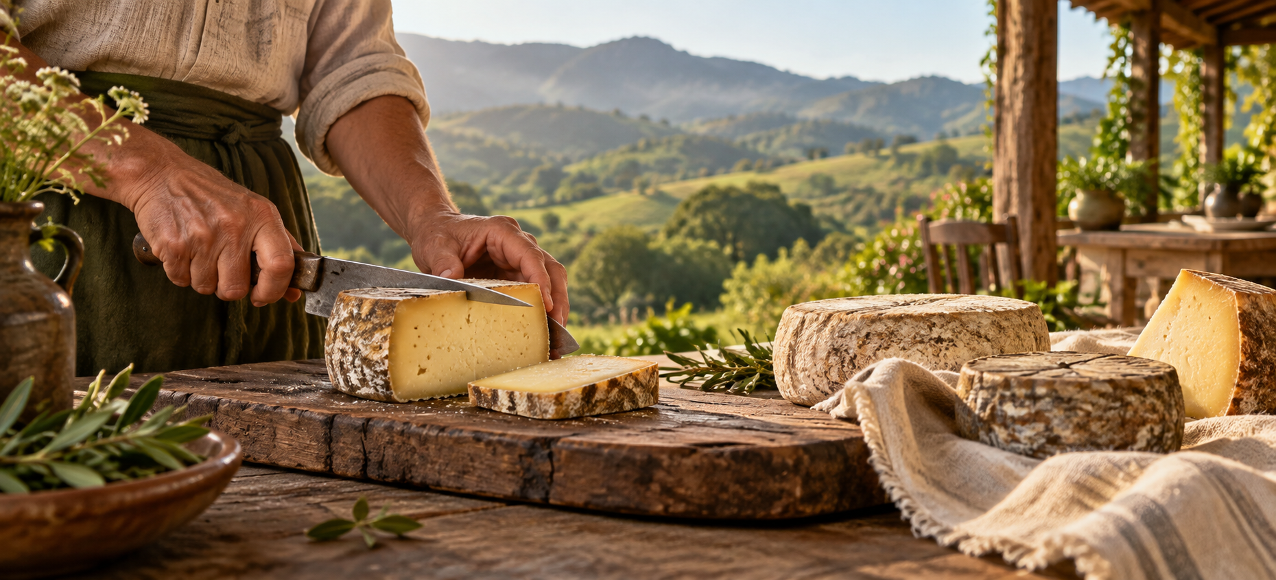 Seleção de queijos artesanais em cenário rural